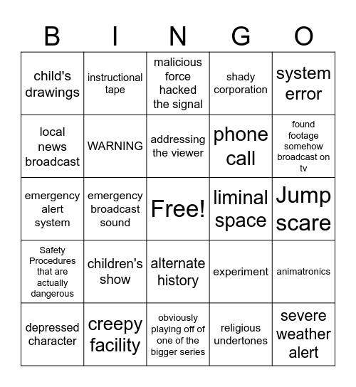 Analogue Horror Bingo Card