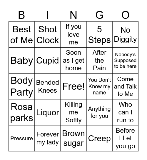 R & B Songs Bingo Card Bingo Card