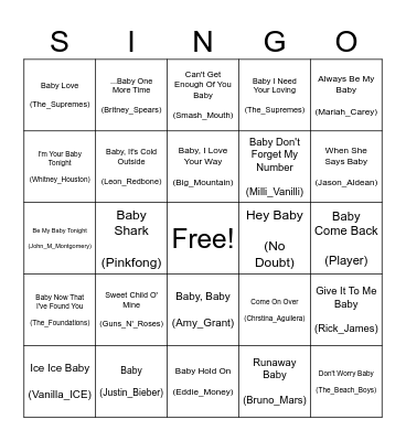 Baby Shower Singo Bingo Card