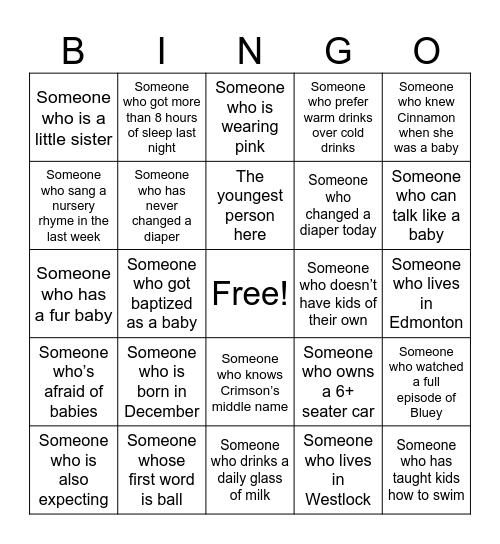 Baby Shower Bingo! Bingo Card