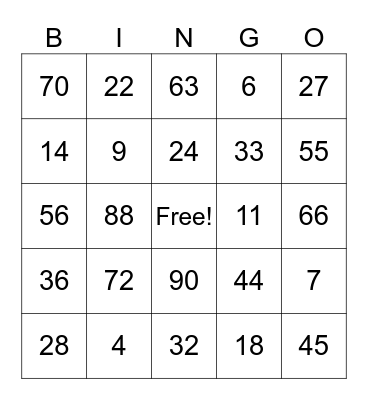 Multiplication Bingo Card