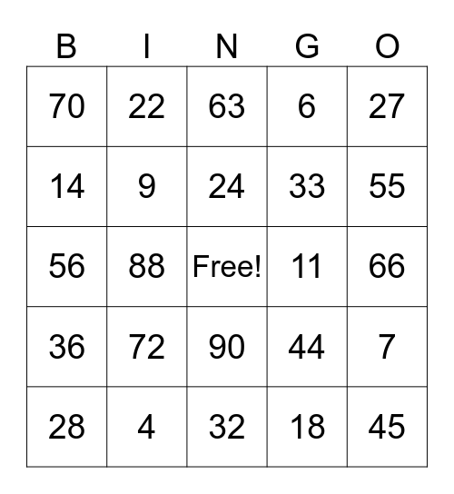 Multiplication Bingo Card