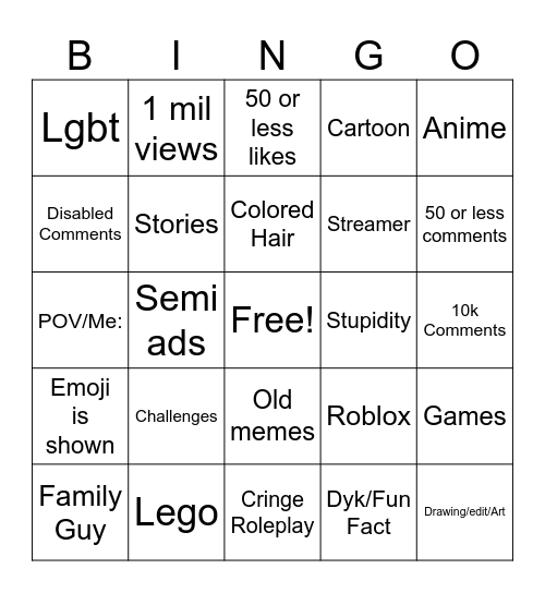 Youtube Shorts Bingo Card