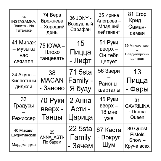 Музыкальное лото Bingo Card