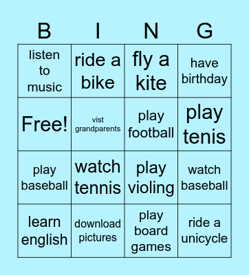 Activities Bingo Card