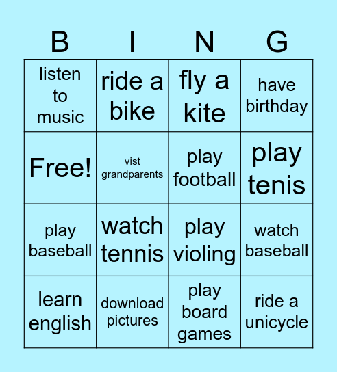 Activities Bingo Card