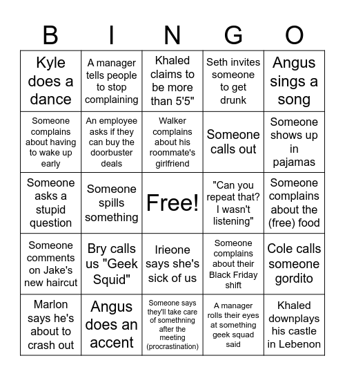 Geek Squad Black Friday Meeting Bingo Card