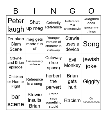 Family Guy Bingo Card
