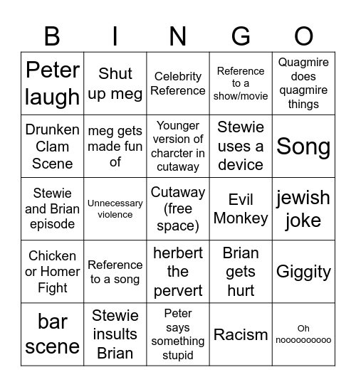 Family Guy Bingo Card