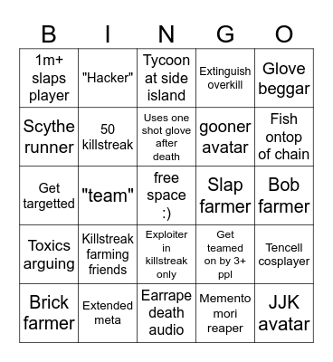 slap batle bigo Bingo Card
