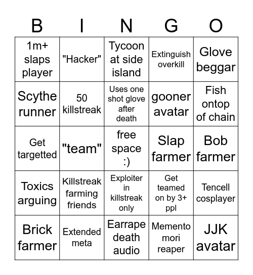 slap batle bigo Bingo Card