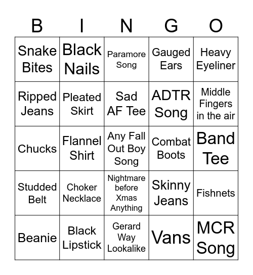 Emo Nite Bingo Card