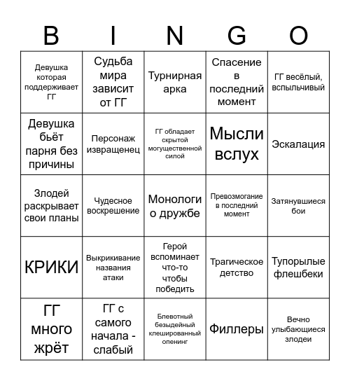 Хуесёнен — Аниме Bingo Card