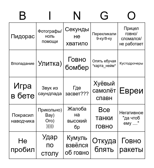 Танковое бинго Bingo Card