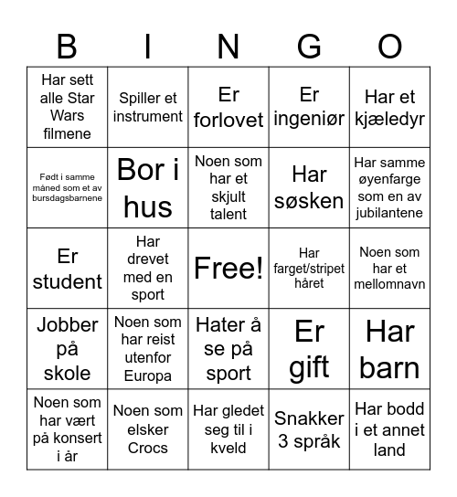 Tonje og Sigurd 30 år Bingo Card