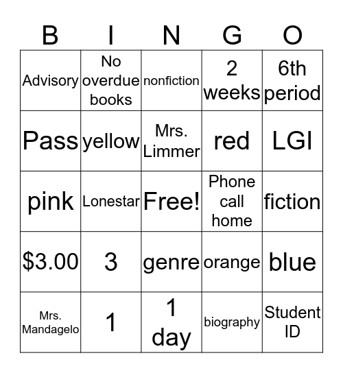 WMJH Library Orientation Bingo Card