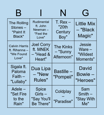 Music Bingo / UK songs Bingo Card