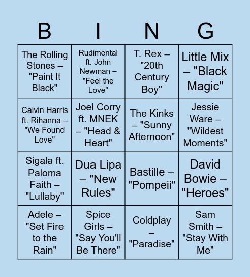 Music Bingo / UK songs Bingo Card