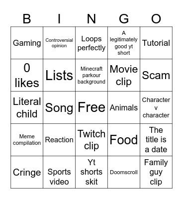 YouTube shorts Bingo Card