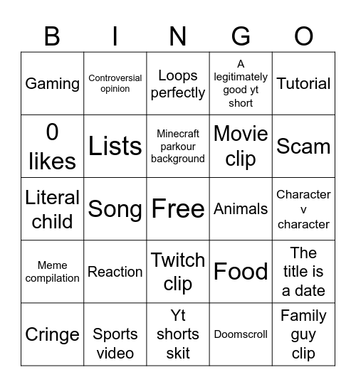 YouTube shorts Bingo Card