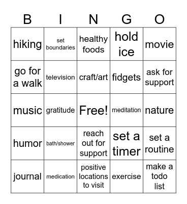 Coping Skills Bingo Card