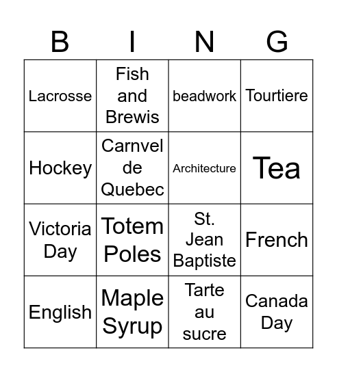 Culture of Canada Bingo Card