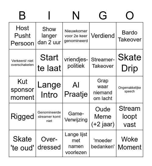 Dutch Stream Awards Bingo Card