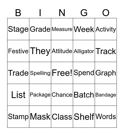 Spelling Word BIGO Bingo Card