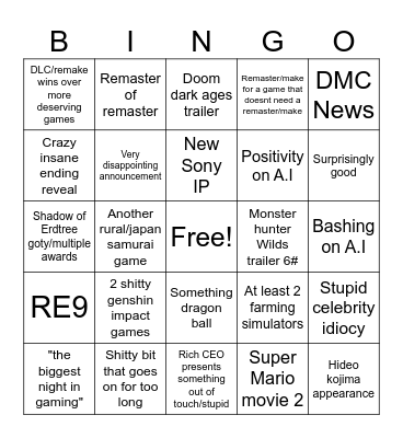 Game Award 2024 Bingo Card