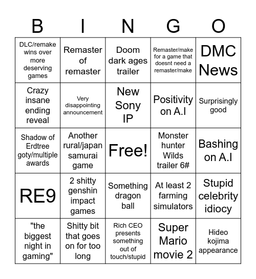 Game Award 2024 Bingo Card