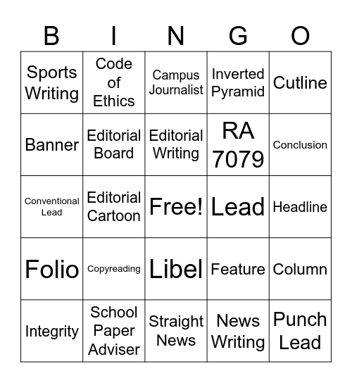 CAMPUS JOURNALISM BINGO Card