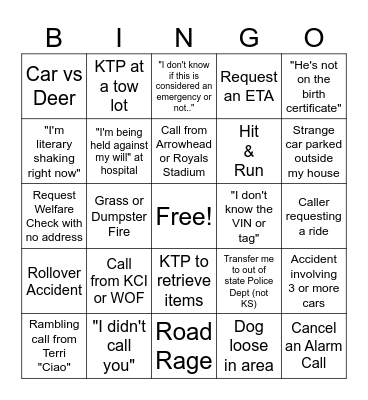 Calltaker Bingo Card