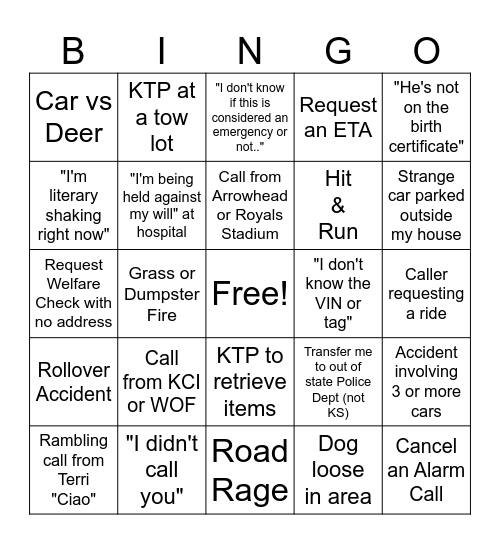 Calltaker Bingo Card