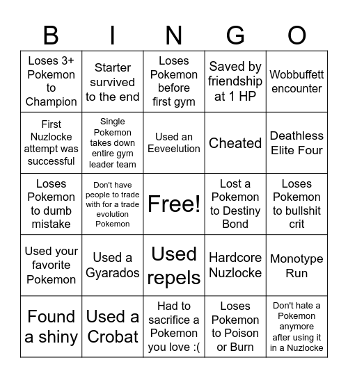 Nuzlocke Bingo Card