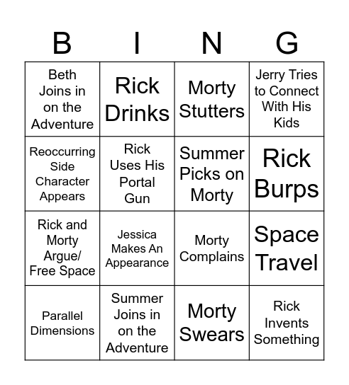 Rick and Morty Bingo Card