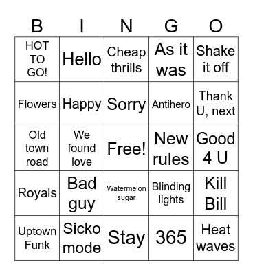 Pop Music Bingo Card