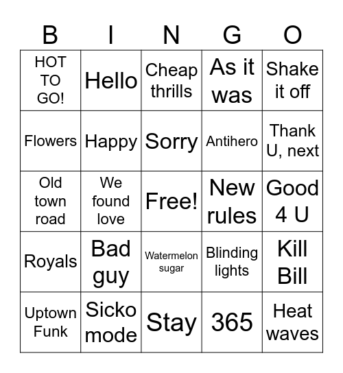 Pop Music Bingo Card