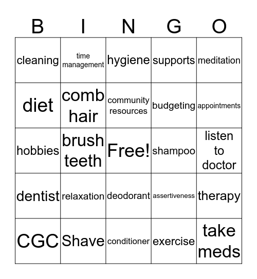 Self Care Bingo Card