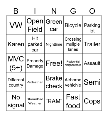 Road Rage Bingo Card