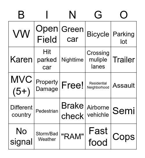 Road Rage Bingo Card