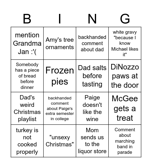 Weides Family Bingo Card