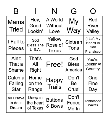 Singing Cowboy Bingo Card