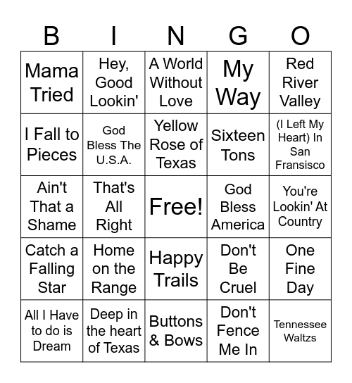 Singing Cowboy Bingo Card