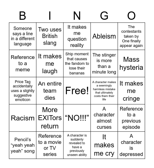 TPOT 15 Bingo Card