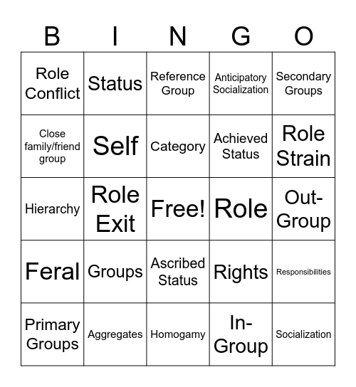 Social Groups/Socialization Jingo Bingo Card