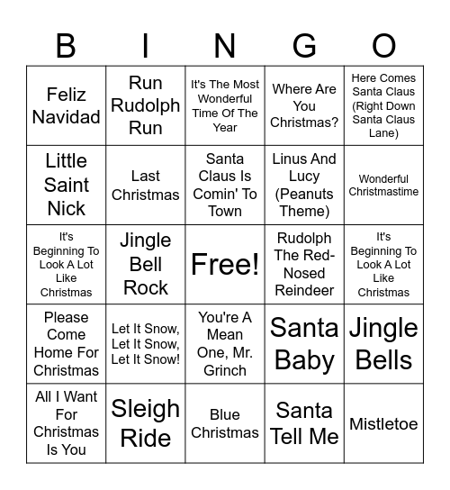 Christmas Carol  Card ONE Bingo Card