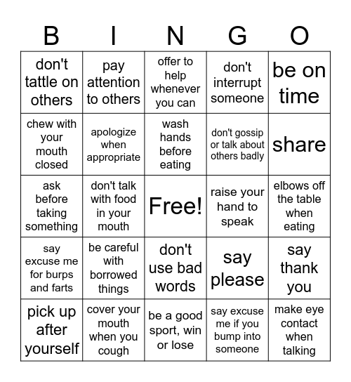 Manners Bingo Card