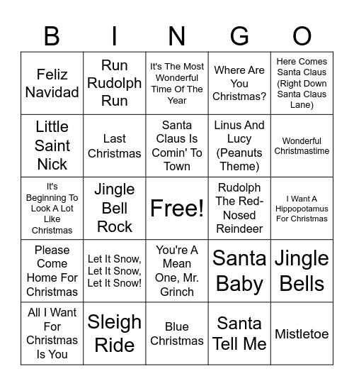 Christmas Carol  Card ONE Bingo Card