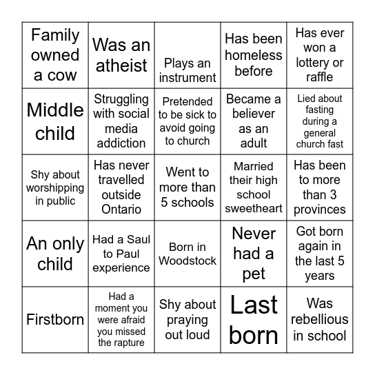 Church Hangout Bingo Card