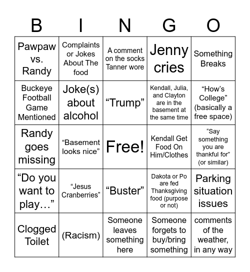 Thanks Giving Bingo Card